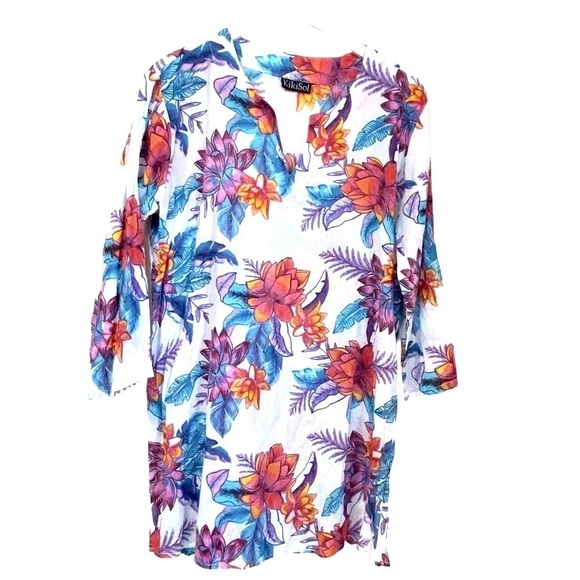 KIKISOL Tunic Top Medium Beach Coverup Cotton White Tropical Floral - Picture 2 of 9